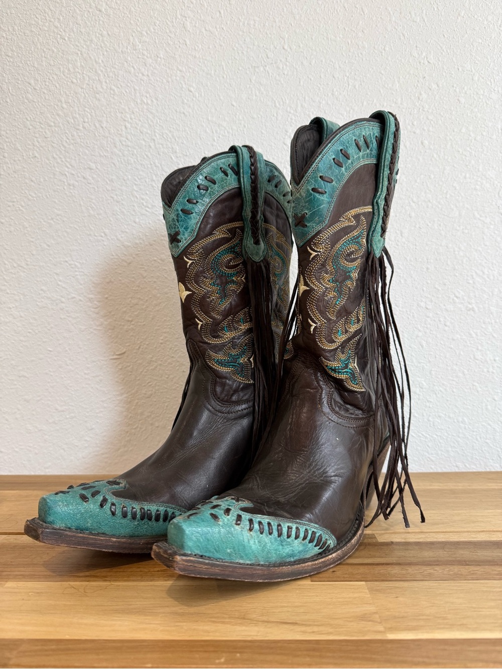 Lucchese Western Cowboy Boots Choc Brown Turquoise Crater Wingtip Fringe 6 B - Picture 2 of 14